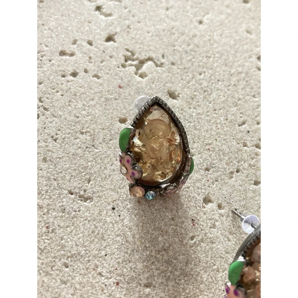 Whimsical Teardrop Rhinestone Enamel Floral Stud Earrings Champagne Stone‎